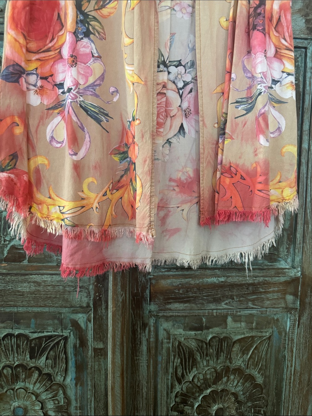 Aratta Coral Pink & Yellow Plaid-to-Floral Sheer Duster - Picture 3 of 9